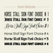 Six font options; a plain all caps, an all caps western vintage font, a script font, a plain text font, a squigly fun font and a bubbly font